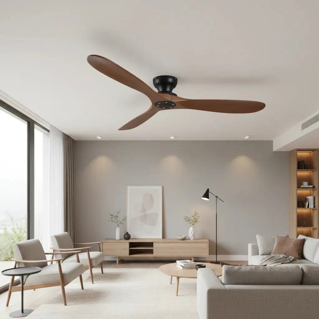 Low-Profile Silent DC Solid Walnut and Black Ceiling Fan