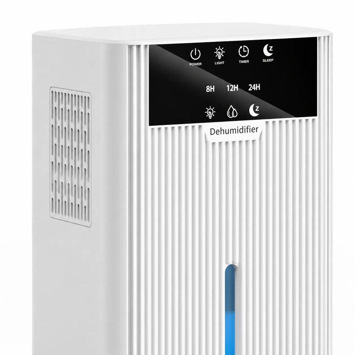 Déshumidificateur d’air Oléa Néris blanc avec panneau de contrôle et évacuation d’humidité visible.