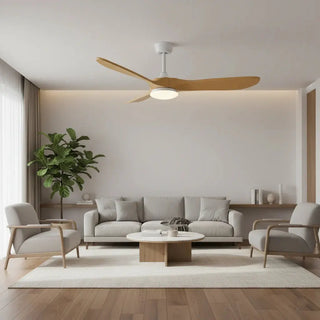 Ventilateur plafond design scandinave silencieux blanc et bois naturel avec éclairage LED