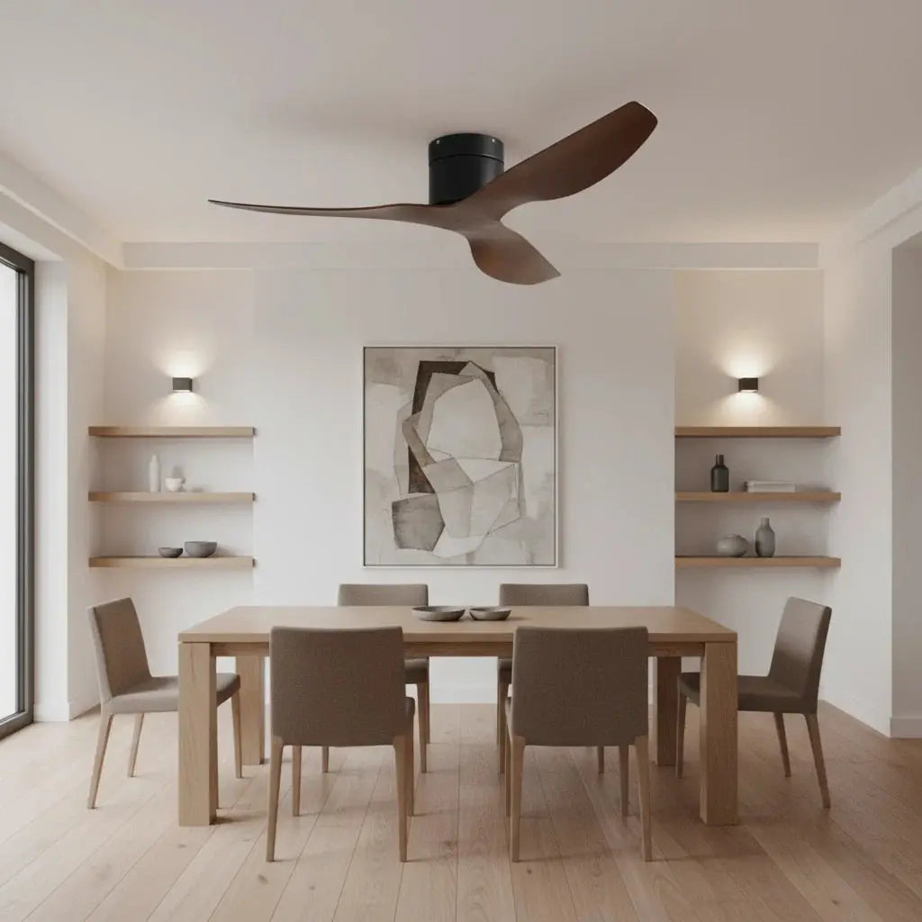 Ventilateur de plafond ultra-plat noir et bois foncé sans éclairage Oléa