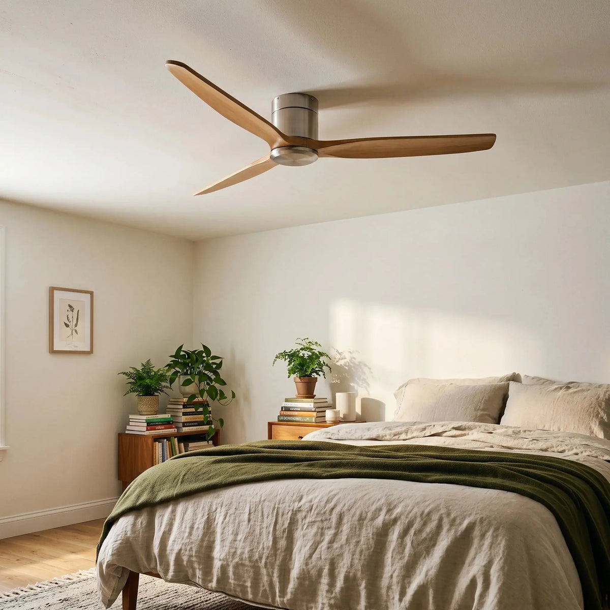 Ventilateur de Plafond Bas Silencieux en Bois Massif Naturel et Argent Oléa