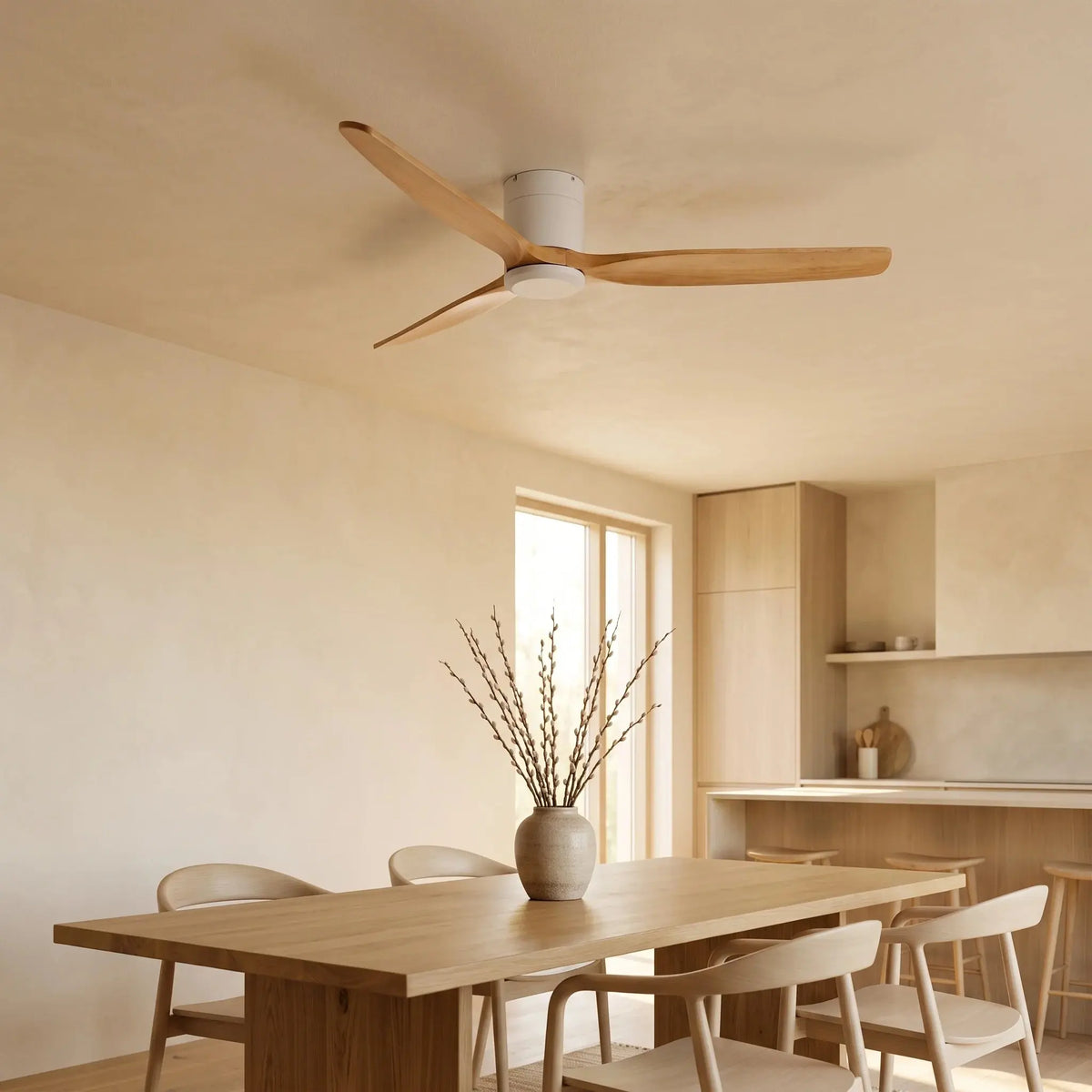 Ventilateur de plafond silencieux blanc bois à profil bas DC
