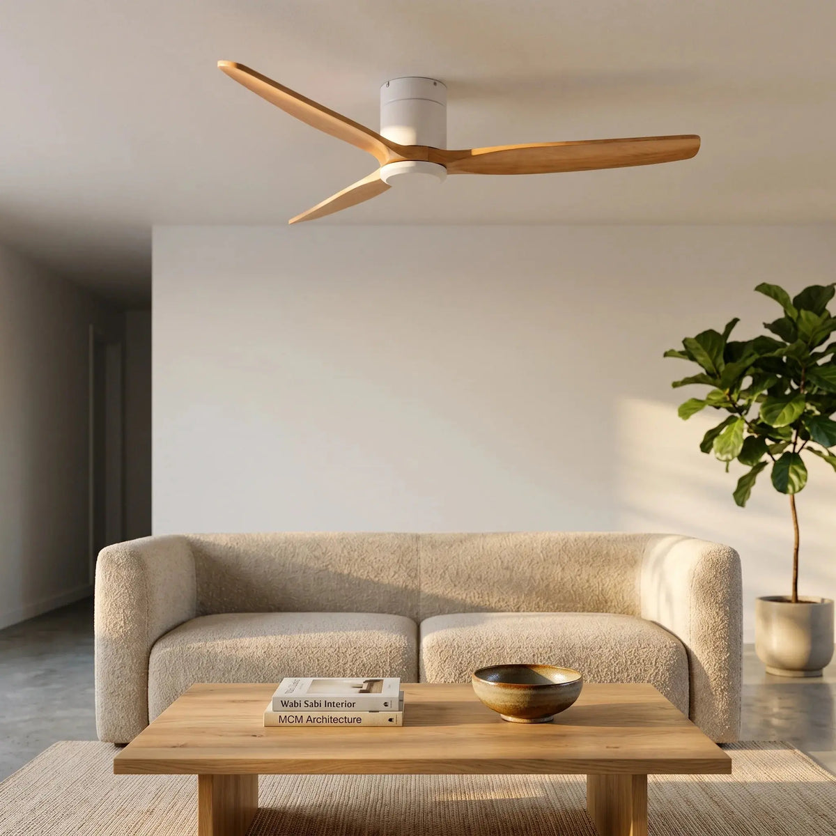 Ventilateur de plafond silencieux blanc bois à profil bas DC