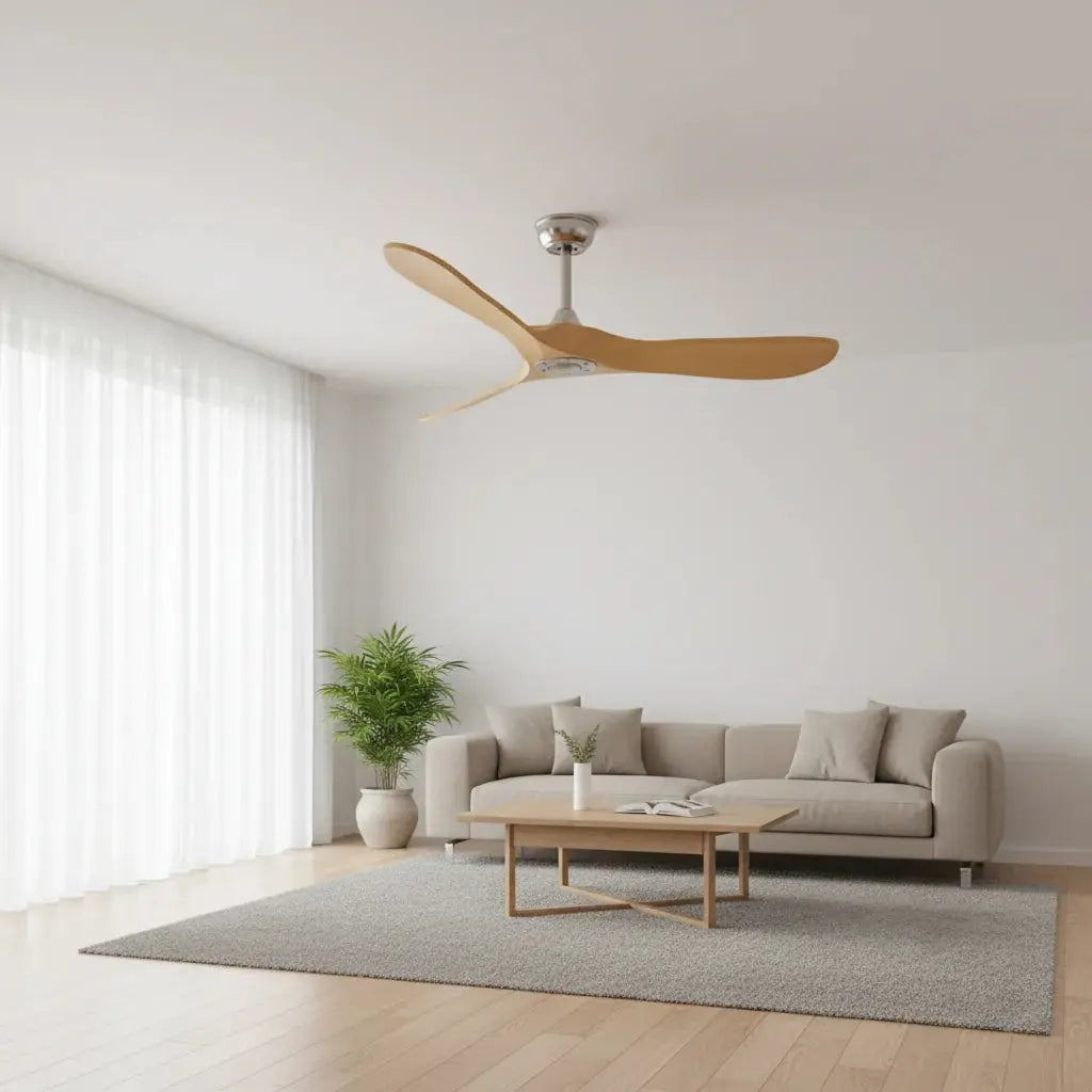Ventilateur de plafond bois clair argenté sans éclairage Oléa